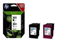 HP 301 - 2-pack - svart, färg (cyan, magenta, gul) - original - bläckpatron - för Deskjet 1050A J410, 1051A J410, 10XX, 10XX J410, 15XX, 2000, 2050 J510, 2050A J510, 2054A J510, 25XX, 3000, 3050 J610, 3050A J611, 3052A J611, 3054A J611, 3055A J611, 3057A J611, 3059A J611, 3510; Envy 450X, 553X; Officejet 26XX, 46XX N9J72AE