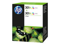 HP 301XL - 2-pack - Lång livslängd - färg (cyan, magenta, gul) - original - bläckpatron - för Deskjet 1050A J410, 1051A J410, 10XX, 10XX J410, 15XX, 2000, 2050 J510, 2050A J510, 2054A J510, 25XX, 3000, 3050 J610, 3050A J611, 3052A J611, 3054A J611, 3055A J611, 3057A J611, 3059A J611, 3510; Envy 450X, 553X; Officejet 26XX, 46XX D8J46AE