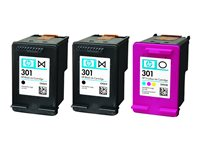 HP 301 Tri-pack - 3-pack - svart, färg (cyan, magenta, gul) - original - bläckpatron - för Deskjet 1050A J410, 1051A J410, 10XX, 10XX J410, 15XX, 2000, 2050 J510, 2050A J510, 2054A J510, 25XX, 3000, 3050 J610, 3050A J611, 3052A J611, 3054A J611, 3055A J611, 3057A J611, 3059A J611, 3510; Envy 450X, 553X; Officejet 26XX, 46XX E5Y87EE