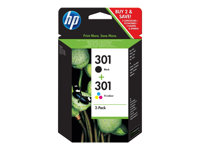 HP 301 - 2-pack - svart, färg (cyan, magenta, gul) - original - blister - bläckpatron - för Deskjet 1050A J410, 1051A J410, 10XX, 10XX J410, 15XX, 2000, 2050 J510, 2050A J510, 2054A J510, 25XX, 3000, 3050 J610, 3050A J611, 3052A J611, 3054A J611, 3055A J611, 3057A J611, 3059A J611, 3510; Envy 450X, 553X; Officejet 26XX, 46XX N9J72AE#301